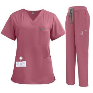 niaahinn Women's Scrub for Women V-Neck Top & Cargo Pants, Comfortable Scrub Set Stretch Fabric, 10 Pockets (S-XXL) (Pink,M)