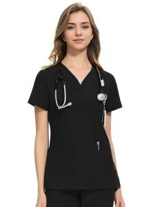 COZYFIT Medical Scrub Tops for Women - Soft Stretch,Curved V-Neck Scrub Tops with 3 Pockets,Black,L