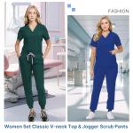 KARAZZO Scrubs Set for Women Nurse Uniform Jogger Suit V-Neck Scrub Top & Jogger Pant with Pockets for Nurse Workwear (Dark Green, XX-Large)