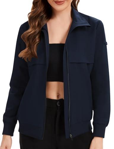 Tisfeer Navy Scrub Jacket for Women Zip Front Stand Collar Nurse Jacket Soft Long Sleeve Ladies Cozy Scrub Coats with 2 Pockets, Navy Blue, S