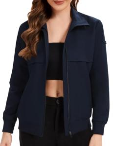 Tisfeer Navy Scrub Jacket for Women Zip Front Stand Collar Nurse Jacket Soft Long Sleeve Ladies Cozy Scrub Coats with 2 Pockets, Navy Blue, S