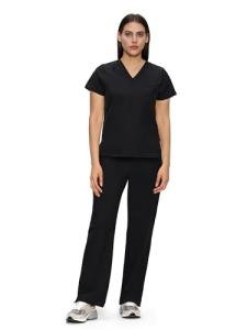 floralhue Scrubs for Women, V-Neck Scrubs Top & Cargo Pants with 12 Pockets, Yoga Waistband, 4 Way Stretch, Black, L