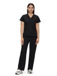 floralhue Scrubs for Women, V-Neck Scrubs Top & Cargo Pants with 12 Pockets, Yoga Waistband, 4 Way Stretch, Black, L