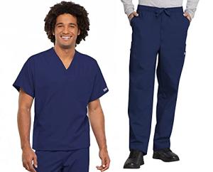 Cherokee Scrub Set for Men and Women, Traditional Fit V-Neck Scrub Top 4777 with Natural Rise, Elastic Waist Pant 4000, Navy- L Top/L Pant