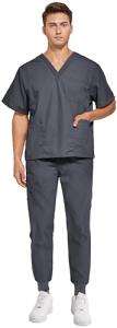 VOGRYE Men Scrubs Set — Stretch V-Neck Scrub Top & Jogger Pant with 8 Pockets, Yoga Waistband, Anti-Wrinkle Scrubs for Men (Dark Gray,Large)