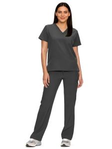 floralhue Scrubs for Women Set, Medical Women Scrubs, V-Neck Top and Straight Leg Pants with 11 Pockets (Relaxed Fit), Dark Grey, XL
