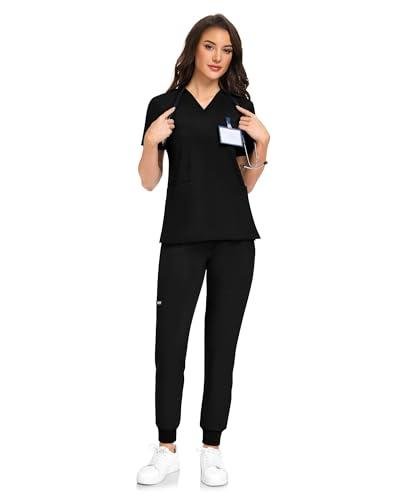 COMENII Scrubs for Women Set, V-Neck Scrub Top & Jogger Scrub Pants for Women with 11 Pockets, Comfortable Womens Scrubs-R Black M