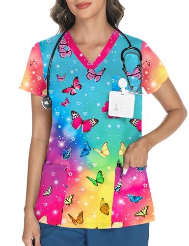 LOMON Scrubs for Women V Neck Print Scrub Tops Cute Butterfly Scrub Shirts with 3 Pockets Colorful Butterfly L