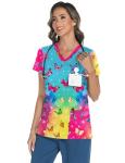 LOMON Scrubs for Women V Neck Print Scrub Tops Cute Butterfly Scrub Shirts with 3 Pockets Colorful Butterfly L