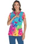 LOMON Scrubs for Women V Neck Print Scrub Tops Cute Butterfly Scrub Shirts with 3 Pockets Colorful Butterfly L