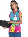 LOMON Scrubs for Women V Neck Print Scrub Tops Cute Butterfly Scrub Shirts with 3 Pockets Colorful Butterfly L