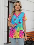 LOMON Scrubs for Women V Neck Print Scrub Tops Cute Butterfly Scrub Shirts with 3 Pockets Colorful Butterfly L