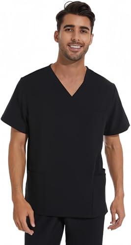 COZYFIT Scrub Top for Men - Stretch V-Neck Scrubs with 3 Pockets, Anti-Wrinkle - Black, M