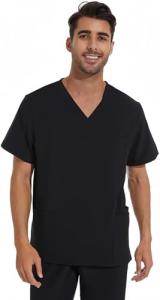 COZYFIT Scrub Top for Men - Stretch V-Neck Scrubs with 3 Pockets, Anti-Wrinkle - Black, M