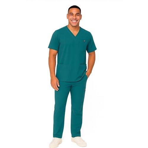 M&M SCRUBS Men's Scrub Set – Stretch V-Neck Multi-Pocket Mens Medical Uniform Scrubs Top & Cargo Pants (True Hunter Green, X-Large)
