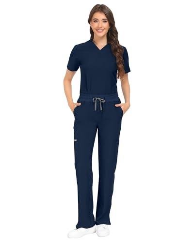 COMENII Scrubs for Women Set, V-Neck Top & Straight Leg Pants with 11 Pockets, Stretch Comfortable Womens Scrub Sets-R-Navy L