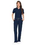COMENII Scrubs for Women Set, V-Neck Top & Straight Leg Pants with 11 Pockets, Stretch Comfortable Womens Scrub Sets-R-Navy L