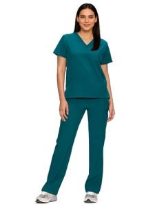floralhue Scrubs for Women Set, Medical Women Scrubs, V-Neck Top and Straight Leg Pants with 11 Pockets (Relaxed Fit), Caribbean Blue, L