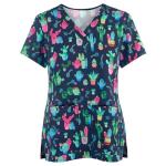 Plus Size Scrubs for Women Stretch V Neck Short Sleeve Nursing Shirt Cute Animal Print Scrub Tops Women Funny Pattern Holiday Nurse Shirts Medical Uniform with Pockets 01-Navy M