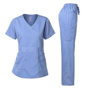 Dagacci Medical Uniform Women's Scrubs Set Stretch Ultra Soft Y-Neck Wrap Top and Pants Ceil Blue S