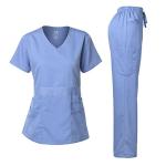 Dagacci Medical Uniform Women's Scrubs Set Stretch Ultra Soft Y-Neck Wrap Top and Pants Ceil Blue S