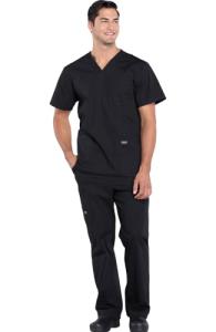 Cherokee Scrub Set for Men from, 4 Pocket V-Neck Scrub Top WW695 with 5 Pocket Tapered Leg Fly Front Cargo Pant WW190, Black- L Top/L Pant