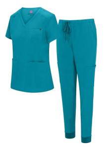 Natural Uniforms Womens 10 Pocket Cool Stretch Jogger Scrub Set (Teal, Large)