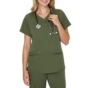 Hanes, Comfort Fit 3-Pocket Healthcare Top for Women, Moisture-Wicking Medical Scrub Shirt, Green Moss
