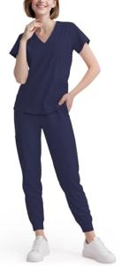 Eadflie Scrubs for Women Set - 8-Pocket V-Neck Scrub Uniform, Stretch Jogger Pants, Medical Workwear for Nurses, Pet Care (Navy Blue/XS)