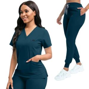 YEZEX Scrubs for Women Set, Women's V-Neck Top & Jogger Scrub Pants, Nursing Uniform Scrubs Set with 8 Pockets, for Nurse Esthetician Workwear (Purple)