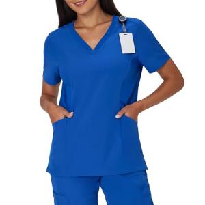 Hanes Women's Healthcare Top, Moisture-Wicking Stretch Scrub Shirts, Ribbed Side Panels, Royal Blue, Large