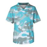 Scrubs for Men V Neck Scrub Tops Short Sleeve Plus Size Scrubs Camo Surgical Uniform Shirts with 3 Pocket Blues XL