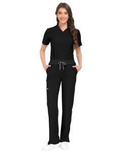 COMENII Scrubs for Women Set, V-Neck Top & Straight Leg Pants with 11 Pockets, Stretch Comfortable Womens Scrub Sets-R-Black XL