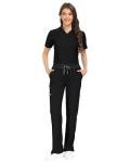 COMENII Scrubs for Women Set, V-Neck Top & Straight Leg Pants with 11 Pockets, Stretch Comfortable Womens Scrub Sets-R-Black XL