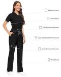 COMENII Scrubs for Women Set, V-Neck Top & Straight Leg Pants with 11 Pockets, Stretch Comfortable Womens Scrub Sets-R-Black XL