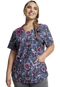 Dickies Dynamix Women Scrubs Top V-Neck Print Plus Size DK623, 2XL, Flor-get About It