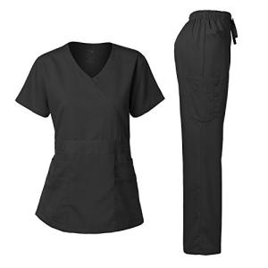 Dagacci Medical Uniform Women's Scrubs Set Stretch Ultra Soft Y-Neck Wrap Top and Pants Black S
