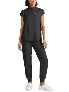 Eadflie Scrubs for Women Set - Stretch Medical Uniform Scrubs - Slim Fit Top & Cargo Pant Scrubs Set with 11 Pockets for Nurse Esthetician Workwear - (Black/L)
