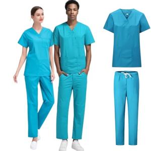 YAVINCOL Scrubs for Women And Men set(Top+Jogger Pants) For Nurse Esthetician Workwear Medical Nursing Uniform Set with Multi Pocket Anti Wrinkle(Men-Blue-XL)