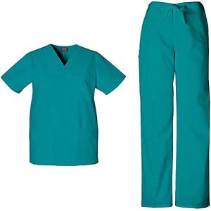 Cherokee Scrub Sets for Women and Men, 6 Pocket Medical Scrubs with V-Neck Top 4876 & Drawstring Cargo Pant 4100, Teal Blue- 3XL Top / 2XL Pant