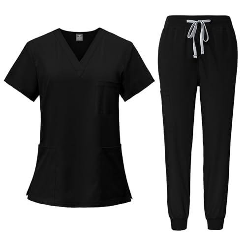 Women Scrubs Sets Stretch Tops with Pockets & Cargo Pants Jogger Nurse Work Uniform Quick Drying Black S