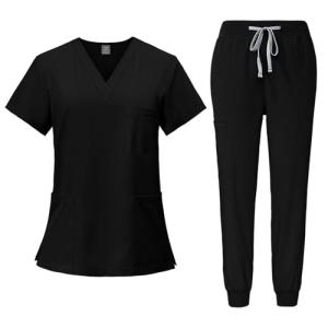 Women Scrubs Sets Stretch Tops with Pockets & Cargo Pants Jogger Nurse Work Uniform Quick Drying Black S