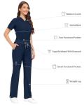 COMENII Scrubs for Women Set, V-Neck Top & Straight Leg Pants with 11 Pockets, Stretch Comfortable Womens Scrub Sets-R-Navy S
