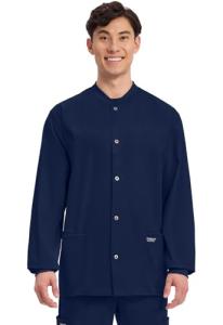 Cherokee Men’s Scrub Jacket Snap Front Medical with 3 Pockets, Knit Cuffs, Soft Fade Resistant 2-Way Stretch - WW360, L, Navy