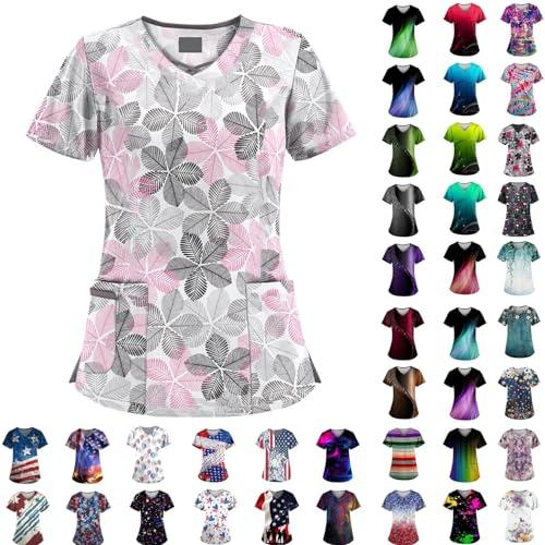 Scrubs for Women V Neck Short Sleeve Printed Tops Cartoon Pattern Plus Size Nursing with Pockets White XL