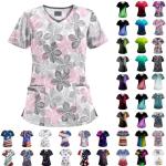 Scrubs for Women V Neck Short Sleeve Printed Tops Cartoon Pattern Plus Size Nursing with Pockets White XL