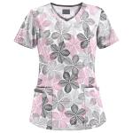 Scrubs for Women V Neck Short Sleeve Printed Tops Cartoon Pattern Plus Size Nursing with Pockets White XL