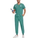 CCHZYSKO Scrubs for Men Stretch V-Neck Scrub Top Jogger Pant with 8 Pockets Work Set Quick Dry Anti-Wrinkle Mens Scrubs Set 01-Turquoise