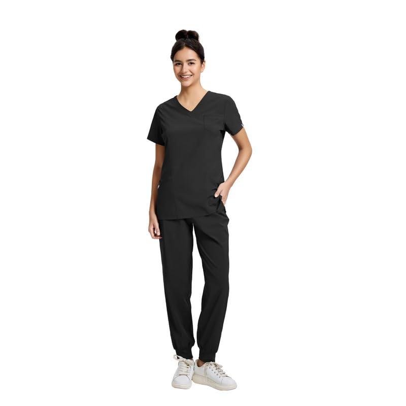 Leaddol Scrubs for Women Set, V-Neck Scrubs Top，Jogger Pants Scrubs Set with 11 Pockets, Machine Washable, Yoga Waistband