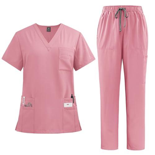 Women Scrubs Set V-Neck Stretch Tops with Pockets & Cargo Pants Jogger Nurse Work Uniform Quick Drying Pink L